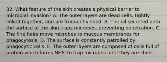 32. What feature of the skin creates a physical barrier to microbial invasion? A. The outer layers are dead cells, tightly linked together, and are frequently shed. B. The oil secreted onto the surface of the skin traps microbes, preventing penetration. C. The fine hairs move microbes to mucous membranes for phagocytosis. D. The surface is constantly patrolled by phagocytic cells. E. The outer layers are composed of cells full of protein which forms NETs to trap microbes until they are shed.