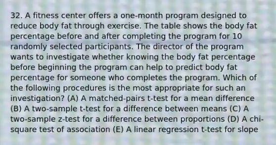 32. A fitness center offers a one-month program designed to reduce body fat through exercise. The table shows the body fat percentage before and after completing the program for 10 randomly selected participants. The director of the program wants to investigate whether knowing the body fat percentage before beginning the program can help to predict body fat percentage for someone who completes the program. Which of the following procedures is the most appropriate for such an investigation? (A) A matched-pairs t-test for a mean difference (B) A two-sample t-test for a difference between means (C) A two-sample z-test for a difference between proportions (D) A chi-square test of association (E) A linear regression t-test for slope