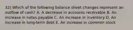 32) Which of the following balance sheet changes represent an outflow of cash? A. A decrease in accounts receivable B. An increase in notes payable C. An increase in inventory D. An increase in long-term debt E. An increase in common stock