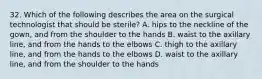 32. Which of the following describes the area on the surgical technologist that should be sterile? A. hips to the neckline of the gown, and from the shoulder to the hands B. waist to the axillary line, and from the hands to the elbows C. thigh to the axillary line, and from the hands to the elbows D. waist to the axillary line, and from the shoulder to the hands