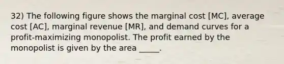 32) The following figure shows the marginal cost [MC], average cost [AC], marginal revenue [MR], and demand curves for a profit-maximizing monopolist. The profit earned by the monopolist is given by the area _____.