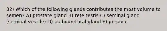 32) Which of the following glands contributes the most volume to semen? A) prostate gland B) rete testis C) seminal gland (seminal vesicle) D) bulbourethral gland E) prepuce