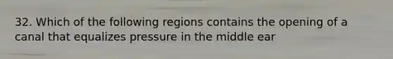 32. Which of the following regions contains the opening of a canal that equalizes pressure in the middle ear