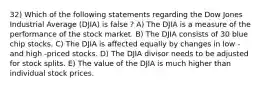 32) Which of the following statements regarding the Dow Jones Industrial Average (DJIA) is false ? A) The DJIA is a measure of the performance of the stock market. B) The DJIA consists of 30 blue chip stocks. C) The DJIA is affected equally by changes in low - and high -priced stocks. D) The DJIA divisor needs to be adjusted for stock splits. E) The value of the DJIA is much higher than individual stock prices.