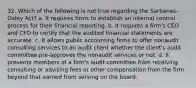 32. Which of the following is not true regarding the Sarbanes-Oxley Act?​ a. ​It requires firms to establish an internal control process for their financial reporting. b. ​It requires a firm's CEO and CFO to certify that the audited financial statements are accurate. c. ​It allows public accounting firms to offer nonaudit consulting services to an audit client whether the client's audit committee pre-approves the nonaudit services or not. d. ​It prevents members of a firm's audit committee from receiving consulting or advising fees or other compensation from the firm beyond that earned from serving on the board.