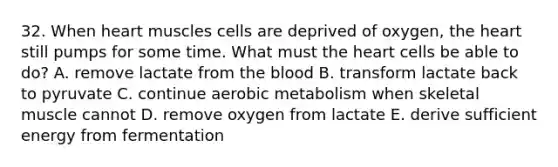 32. When heart muscles cells are deprived of oxygen, the heart still pumps for some time. What must the heart cells be able to do? A. remove lactate from the blood B. transform lactate back to pyruvate C. continue aerobic metabolism when skeletal muscle cannot D. remove oxygen from lactate E. derive sufficient energy from fermentation