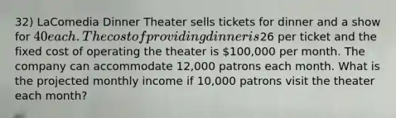 32) LaComedia Dinner Theater sells tickets for dinner and a show for 40 each. The cost of providing dinner is26 per ticket and the fixed cost of operating the theater is 100,000 per month. The company can accommodate 12,000 patrons each month. What is the projected monthly income if 10,000 patrons visit the theater each month?