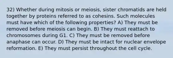 32) Whether during mitosis or meiosis, sister chromatids are held together by proteins referred to as cohesins. Such molecules must have which of the following properties? A) They must be removed before meiosis can begin. B) They must reattach to chromosomes during G1. C) They must be removed before anaphase can occur. D) They must be intact for nuclear envelope reformation. E) They must persist throughout the <a href='https://www.questionai.com/knowledge/keQNMM7c75-cell-cycle' class='anchor-knowledge'>cell cycle</a>.