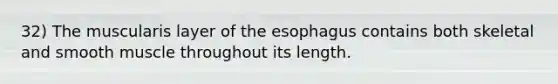 32) The muscularis layer of the esophagus contains both skeletal and smooth muscle throughout its length.