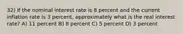 32) If the nominal interest rate is 8 percent and the current inflation rate is 3 percent, approximately what is the real interest rate? A) 11 percent B) 8 percent C) 5 percent D) 3 percent