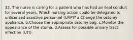 32. The nurse is caring for a patient who has had an ileal conduit for several years. Which nursing action could be delegated to unlicensed assistive personnel (UAP)? a.Change the ostomy appliance. b.Choose the appropriate ostomy bag. c.Monitor the appearance of the stoma. d.Assess for possible urinary tract infection (UTI).