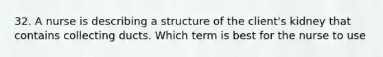 32. A nurse is describing a structure of the client's kidney that contains collecting ducts. Which term is best for the nurse to use