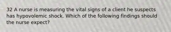 32 A nurse is measuring the vital signs of a client he suspects has hypovolemic shock. Which of the following findings should the nurse expect?