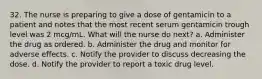 32. The nurse is preparing to give a dose of gentamicin to a patient and notes that the most recent serum gentamicin trough level was 2 mcg/mL. What will the nurse do next? a. Administer the drug as ordered. b. Administer the drug and monitor for adverse effects. c. Notify the provider to discuss decreasing the dose. d. Notify the provider to report a toxic drug level.