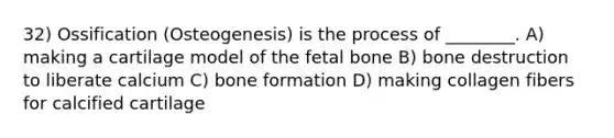 32) Ossification (Osteogenesis) is the process of ________. A) making a cartilage model of the fetal bone B) bone destruction to liberate calcium C) bone formation D) making collagen fibers for calcified cartilage