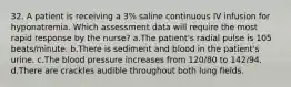 32. A patient is receiving a 3% saline continuous IV infusion for hyponatremia. Which assessment data will require the most rapid response by the nurse? a.The patient's radial pulse is 105 beats/minute. b.There is sediment and blood in the patient's urine. c.The blood pressure increases from 120/80 to 142/94. d.There are crackles audible throughout both lung fields.