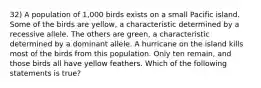 32) A population of 1,000 birds exists on a small Pacific island. Some of the birds are yellow, a characteristic determined by a recessive allele. The others are green, a characteristic determined by a dominant allele. A hurricane on the island kills most of the birds from this population. Only ten remain, and those birds all have yellow feathers. Which of the following statements is true?