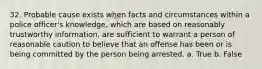 32. Probable cause exists when facts and circumstances within a police officer's knowledge, which are based on reasonably trustworthy information, are sufficient to warrant a person of reasonable caution to believe that an offense has been or is being committed by the person being arrested. a. True b. False