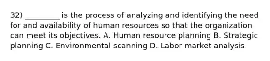 32) _________ is the process of analyzing and identifying the need for and availability of human resources so that the organization can meet its objectives. A. Human resource planning B. Strategic planning C. Environmental scanning D. Labor market analysis