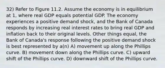 32) Refer to Figure 11.2. Assume the economy is in equilibrium at 1, where real GDP equals potential GDP. The economy experiences a positive demand shock, and the Bank of Canada responds by increasing real interest rates to bring real GDP and inflation back to their original levels. Other things equal, the Bank of Canada's response following the positive demand shock is best represented by a(n) A) movement up along the Phillips curve. B) movement down along the Phillips curve. C) upward shift of the Phillips curve. D) downward shift of the Phillips curve.