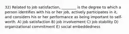 32) Related to job satisfaction, ________ is the degree to which a person identifies with his or her job, actively participates in it, and considers his or her performance as being important to self-worth. A) job satisfaction B) job involvement C) job stability D) organizational commitment E) social embeddedness