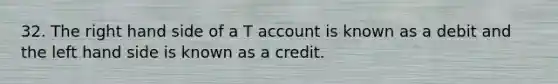 32. The right hand side of a T account is known as a debit and the left hand side is known as a credit.