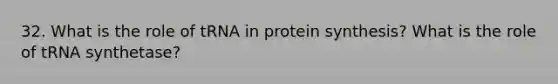 32. What is the role of tRNA in <a href='https://www.questionai.com/knowledge/kVyphSdCnD-protein-synthesis' class='anchor-knowledge'>protein synthesis</a>? What is the role of tRNA synthetase?