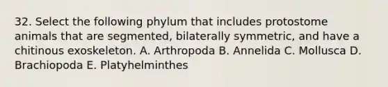 32. Select the following phylum that includes protostome animals that are segmented, bilaterally symmetric, and have a chitinous exoskeleton. A. Arthropoda B. Annelida C. Mollusca D. Brachiopoda E. Platyhelminthes