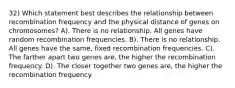 32) Which statement best describes the relationship between recombination frequency and the physical distance of genes on chromosomes? A). There is no relationship. All genes have random recombination frequencies. B). There is no relationship. All genes have the same, fixed recombination frequencies. C). The farther apart two genes are, the higher the recombination frequency. D). The closer together two genes are, the higher the recombination frequency.