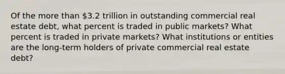 Of the more than 3.2 trillion in outstanding commercial real estate debt, what percent is traded in public markets? What percent is traded in private markets? What institutions or entities are the long-term holders of private commercial real estate debt?