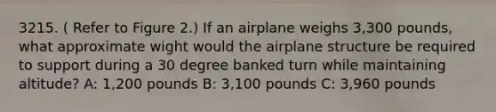 3215. ( Refer to Figure 2.) If an airplane weighs 3,300 pounds, what approximate wight would the airplane structure be required to support during a 30 degree banked turn while maintaining altitude? A: 1,200 pounds B: 3,100 pounds C: 3,960 pounds