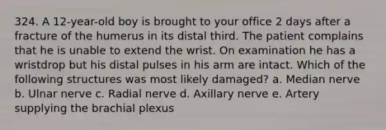 324. A 12-year-old boy is brought to your office 2 days after a fracture of the humerus in its distal third. The patient complains that he is unable to extend the wrist. On examination he has a wristdrop but his distal pulses in his arm are intact. Which of the following structures was most likely damaged? a. Median nerve b. Ulnar nerve c. Radial nerve d. Axillary nerve e. Artery supplying the brachial plexus