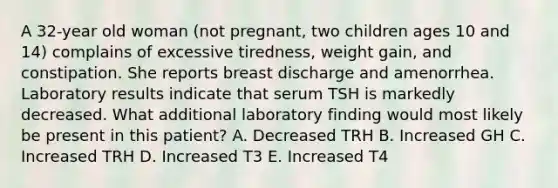 A 32-year old woman (not pregnant, two children ages 10 and 14) complains of excessive tiredness, weight gain, and constipation. She reports breast discharge and amenorrhea. Laboratory results indicate that serum TSH is markedly decreased. What additional laboratory finding would most likely be present in this patient? A. Decreased TRH B. Increased GH C. Increased TRH D. Increased T3 E. Increased T4