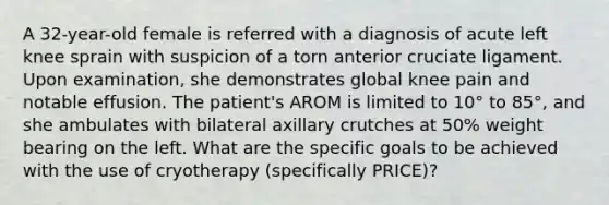 A 32-year-old female is referred with a diagnosis of acute left knee sprain with suspicion of a torn anterior cruciate ligament. Upon examination, she demonstrates global knee pain and notable effusion. The patient's AROM is limited to 10° to 85°, and she ambulates with bilateral axillary crutches at 50% weight bearing on the left. What are the specific goals to be achieved with the use of cryotherapy (specifically PRICE)?