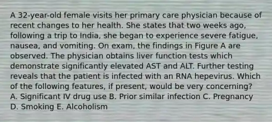 A 32-year-old female visits her primary care physician because of recent changes to her health. She states that two weeks ago, following a trip to India, she began to experience severe fatigue, nausea, and vomiting. On exam, the findings in Figure A are observed. The physician obtains liver function tests which demonstrate significantly elevated AST and ALT. Further testing reveals that the patient is infected with an RNA hepevirus. Which of the following features, if present, would be very concerning? A. Significant IV drug use B. Prior similar infection C. Pregnancy D. Smoking E. Alcoholism