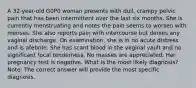 A 32-year-old G0P0 woman presents with dull, crampy pelvic pain that has been intermittent over the last six months. She is currently menstruating and notes the pain seems to worsen with menses. She also reports pain with intercourse but denies any vaginal discharge. On examination, she is in no acute distress and is afebrile. She has scant blood in the vaginal vault and no significant focal tenderness. No masses are appreciated. Her pregnancy test is negative. What is the most likely diagnosis? Note: The correct answer will provide the most specific diagnosis.