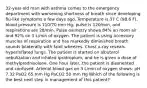 32-year-old man with asthma comes to the emergency department with worsening shortness of breath since developing flu-like symptoms a few days ago. Temperature is 37 C (98.6 F), blood pressure is 110/70 mm Hg, pulse is 120/min, and respirations are 28/min. Pulse oximetry shows 84% on room air and 92% on 3 L/min of oxygen. The patient is using accessory muscles of respiration and has markedly diminished breath sounds bilaterally with faint wheezes. Chest x-ray reveals hyperinflated lungs. The patient is started on albuterol nebulization and inhaled ipratropium, and he is given a dose of methylprednisolone. One hour later, the patient is disoriented and confused. Arterial blood gas on 3 L/min of oxygen shows: pH 7.32 PaO2 65 mm Hg PaCO2 50 mm Hg Which of the following is the best next step in management of this patient?