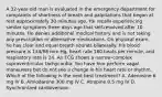 A 32-year-old man is evaluated in the emergency department for complaints of shortness of breath and palpitations that began at rest approximately 30 minutes ago. He recalls experiencing similar symptoms three days ago that self-resolved after 10 minutes. He denies additional medical history and is not taking any prescription or alternative medications. On physical exam, he has clear and equal breath sounds bilaterally. His blood pressure is 134/88 mm Hg, heart rate 180 beats per minute, and respiratory rate is 24. An ECG shows a narrow-complex supraventricular tachycardia. You have him perform vagal maneuvers but do not see a change in his heart rate or rhythm. Which of the following is the next best treatment? A. Adenosine 6 mg IV B. Amiodarone 300 mg IV C. Atropine 0.5 mg IV D. Synchronized cardioversion