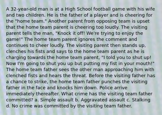 A 32-year-old man is at a High School football game with his wife and two children. He is the father of a player and is cheering for the "home team." Another parent from opposing team is upset that the home team parent is cheering too loudly. The visiting parent tells the man, "Knock it off! We're trying to enjoy the game!" The home team parent ignores the comment and continues to cheer loudly. The visiting parent then stands up, clenches his fists and says to the home team parent as he is charging towards the home team parent, "I told you to shut up! Now I'm going to shut you up but putting my fist in your mouth!" The home team father sees the other man approaching him with clenched fists and hears the threat. Before the visiting father has a chance to strike, the home team father punches the visiting father in the face and knocks him down. Police arrive immediately thereafter. What crime has the visiting team father committed? a. Simple assault b. Aggravated assault c. Stalking d. No crime was committed by the visiting team father.