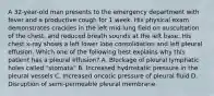 A 32-year-old man presents to the emergency department with fever and a productive cough for 1 week. His physical exam demonstrates crackles in the left mid-lung field on auscultation of the chest, and reduced breath sounds at the left base. His chest x-ray shows a left lower lobe consolidation and left pleural effusion. Which one of the following best explains why this patient has a pleural effusion? A. Blockage of pleural lymphatic holes called "stomata" B. Increased hydrostatic pressure in the pleural vessels C. Increased oncotic pressure of pleural fluid D. Disruption of semi-permeable pleural membrane