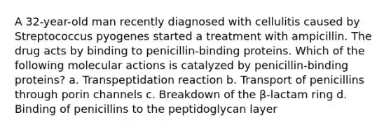 A 32-year-old man recently diagnosed with cellulitis caused by Streptococcus pyogenes started a treatment with ampicillin. The drug acts by binding to penicillin-binding proteins. Which of the following molecular actions is catalyzed by penicillin-binding proteins? a. Transpeptidation reaction b. Transport of penicillins through porin channels c. Breakdown of the β-lactam ring d. Binding of penicillins to the peptidoglycan layer