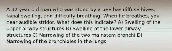 A 32-year-old man who was stung by a bee has diffuse hives, facial swelling, and difficulty breathing. When he breathes, you hear audible stridor. What does this indicate? A) Swelling of the upper airway structures B) Swelling of the lower airway structures C) Narrowing of the two mainstem bronchi D) Narrowing of the bronchioles in the lungs