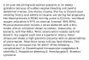 A 32-year-old primigravid woman presents at 32 weeks' gestation because of sudden vaginal bleeding and painful abdominal cramps. She denies trauma. She has a 10-pack-year smoking history and admits to cocaine use during her pregnancy. Her blood pressure is 95/60 mm Hg, pulse is 112/min, and blood oxygen saturation is 97% on room air (normal: 95%-99%). Physical examination reveals a tense abdomen with a firm, tender uterus. Urinalysis shows no protein, leukocytes, or bacteria, with few RBCs. Pelvic examination reveals dark-red blood in the vaginal vault and a hypertonic uterus. Pelvic ultrasound shows a high posterior placenta with no abnormalities of placentation. Fetal heart tones indicate fetal distress. This patient is at increased risk for which of the following complications? A. Disseminated intravascular coagulation B. Infertility C. Postpartum bleeding D. Preeclampsia E. Sheehan syndrome