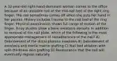 A 32-year-old right-hand-dominant woman comes to the office because of an unstable nail at the mid-nail bed of the right ring finger. The nail sometimes comes off when she puts her hand in her pocket. History includes trauma to the nail bed of the ring finger. Physical examination shows full range of motion of the finger. X-ray studies show a bone exostosis dorsally. In addition to removal of the nail plate, which of the following is the most appropriate management of nonadherence of the nail? A) Debridement of the distal phalanx exostosis B) Debridement of exostosis and sterile matrix grafting C) Nail bed ablation with split-thickness skin grafting D) Reassurance that the nail will eventually regrow naturally