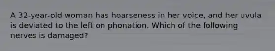 A 32-year-old woman has hoarseness in her voice, and her uvula is deviated to the left on phonation. Which of the following nerves is damaged?