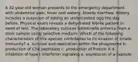 A 32-year-old woman presents to the emergency department with abdominal pain, fever and watery, bloody diarrhea. History includes a suspicion of eating an undercooked egg the day before. Physical exam reveals a dehydrated febrile patient in need of rest. The laboratory cultures Salmonella enterica from a stool sample using selective medium. Which of the following characteristics of this species contributes to its evasion of innate immunity? a. survival and replication within the phagosome b. production of C5a peptidase c. production of Protein A d. inhibition of type I interferon signaling e. expression of a capsule