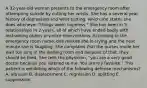 A 32-year-old woman presents to the emergency room after attempting suicide by cutting her wrists. She has a several year history of depression and wrist cutting, which she states she does whenever "things seem hopeless." She has been in 5 relationships in 2 years, all of which have ended badly with restraining orders or police interventions. According to the emergency room nurse, one minute she is crying and the next minute she is laughing. She complains that the nurses made her wait too long in the waiting room and because of that, they should be fired. She tells the physician, "you are a very good doctor because you listened to me. You are my favorite." This patient is exhibiting which of the following defense mechanisms? A. altruism B. displacement C. regression D. splitting E. suppression