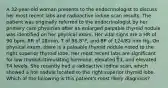 A 32-year-old woman presents to the endocrinologist to discuss her most recent labs and radioactive iodine scan results. The patient was originally referred to the endocrinologist by her primary care physician after an enlarged palpable thyroid nodule was identified on her physical exam. Her vital signs are a HR of 90 bpm, RR of 18/min, T of 98.8°F, and BP of 124/82 mm Hg. On physical exam, there is a palpable thyroid nodule noted to the right superior thyroid lobe. Her most recent labs are significant for low thyroid-stimulating hormone, elevated T3, and elevated T4 levels. She recently had a radioactive iodine scan, which showed a hot nodule located to the right superior thyroid lobe. Which of the following is this patient's most likely diagnosis?