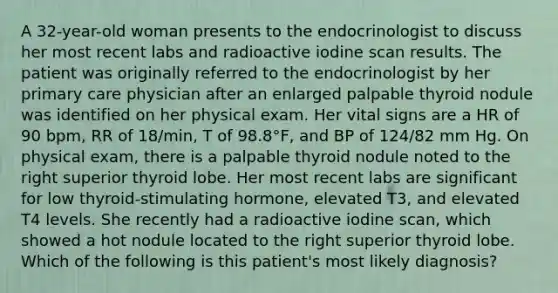 A 32-year-old woman presents to the endocrinologist to discuss her most recent labs and radioactive iodine scan results. The patient was originally referred to the endocrinologist by her primary care physician after an enlarged palpable thyroid nodule was identified on her physical exam. Her vital signs are a HR of 90 bpm, RR of 18/min, T of 98.8°F, and BP of 124/82 mm Hg. On physical exam, there is a palpable thyroid nodule noted to the right superior thyroid lobe. Her most recent labs are significant for low thyroid-stimulating hormone, elevated T3, and elevated T4 levels. She recently had a radioactive iodine scan, which showed a hot nodule located to the right superior thyroid lobe. Which of the following is this patient's most likely diagnosis?