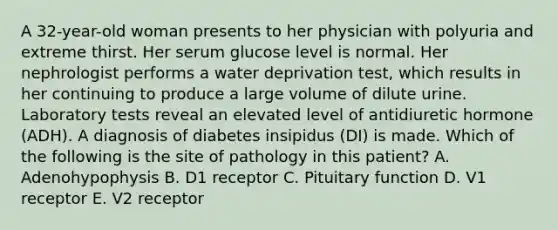 A 32-year-old woman presents to her physician with polyuria and extreme thirst. Her serum glucose level is normal. Her nephrologist performs a water deprivation test, which results in her continuing to produce a large volume of dilute urine. Laboratory tests reveal an elevated level of antidiuretic hormone (ADH). A diagnosis of diabetes insipidus (DI) is made. Which of the following is the site of pathology in this patient? A. Adenohypophysis B. D1 receptor C. Pituitary function D. V1 receptor E. V2 receptor